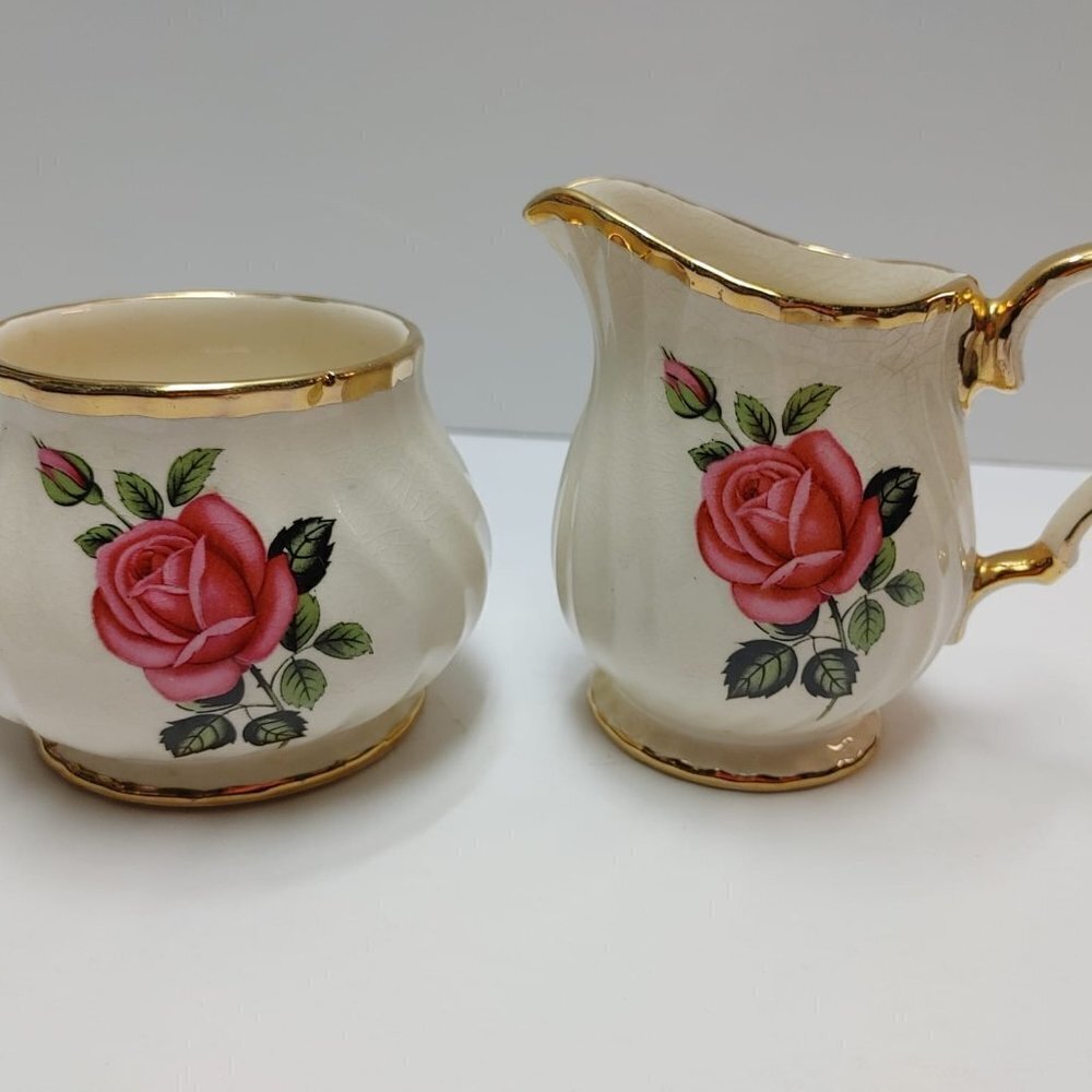 1970's Sadler Cream & Sugar Set, Sweet Rose Tea Time With Gold Trim, Porcelain